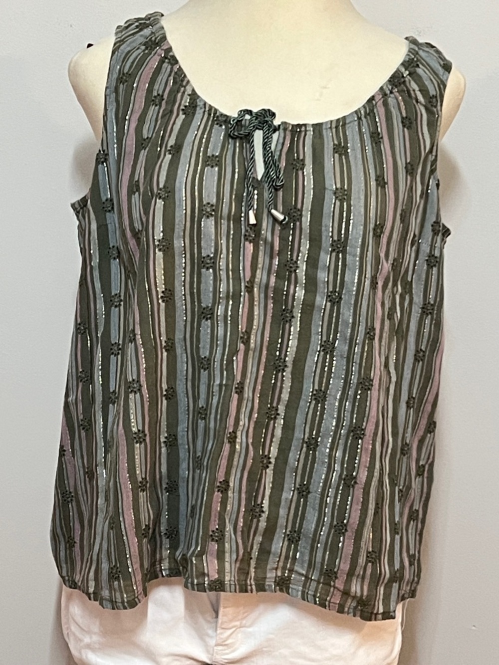 Candace Cameron Bure Olive Green Summer Shine Striped Woven Tie-Front Tank
